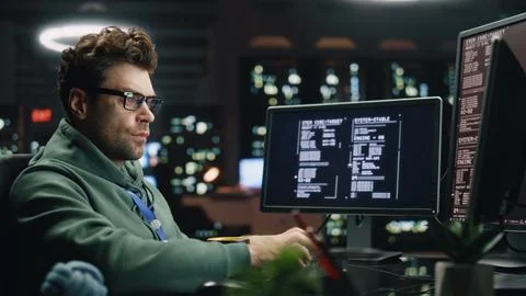 IT programer working keyboard desktop computer data center control room closeup Stock Photos
