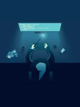 IT programmer as genius or wizard sitting behind computer. IT recruitment poster Stock-Illustration