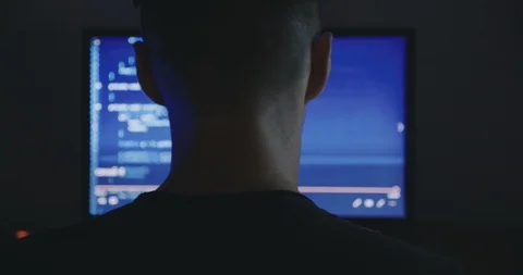 IT Programmer man typing in program code. Developer at work overtime. Hacker Vídeos de archivo 95654996
