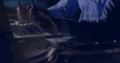 IT programmer typing on laptop, lifting glasses to ease fatigue and focus, globe Stock-Footage 309893956