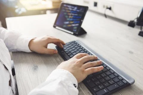 IT Programmer Working on Desktop Computer. Male Specialist Creating Innovative 스톡 사진