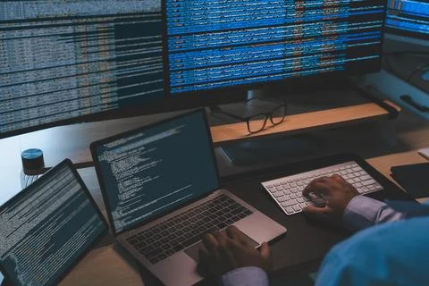 IT programmer working at a multi screen workstation with laptop and monitor.. Foto stock
