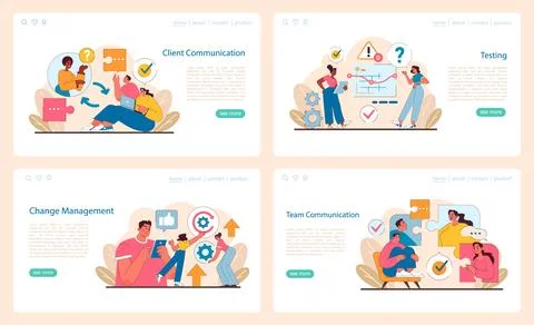 IT project management set. Showcases client engagement, rigorous testing Ilustración de archivo