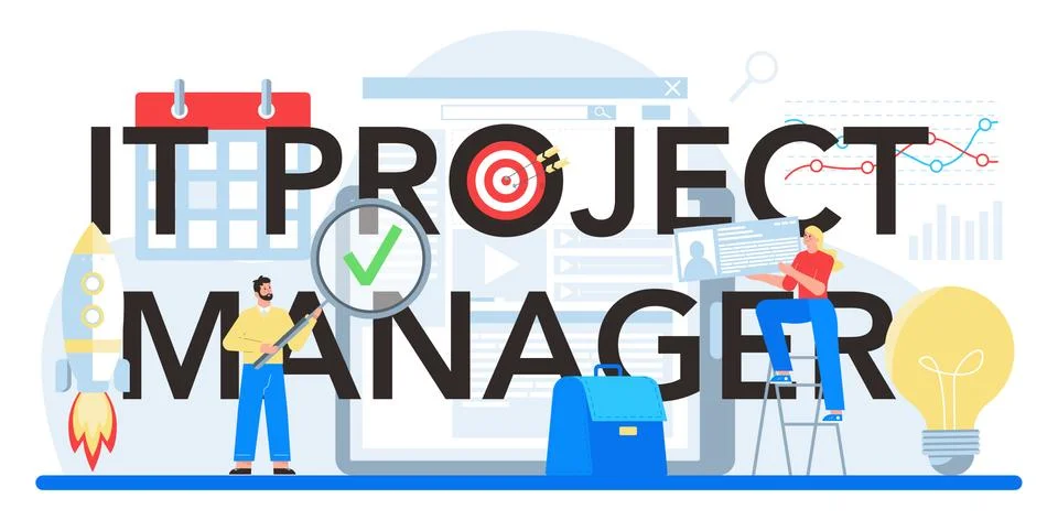 IT project manager typographic header. Successful strategy planning, motivation Stock Illustration
