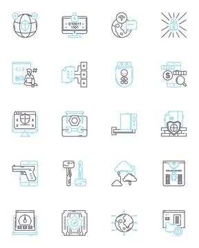 IT protection linear icons set. Firewall, Encryption, Privacy, Antivirus Stock Illustration