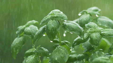 It is raining on green basil herbs in fresh spring nature, refreshing rain Stock Footage 274338239
