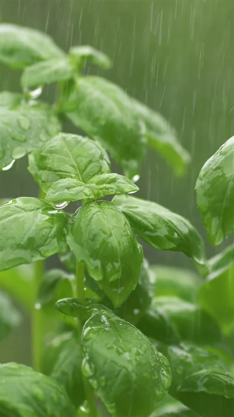 It is raining on green basil herbs, vertical nature Stock Footage 293013194