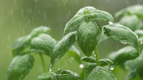 It is raining on green basil herbs in spring herbal garden Stock Footage 295037186