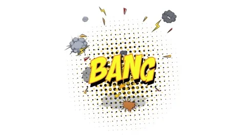 It says BANG and a cloud of smoke and fireworks from the explosion. Vector a Stock Footage 266819722