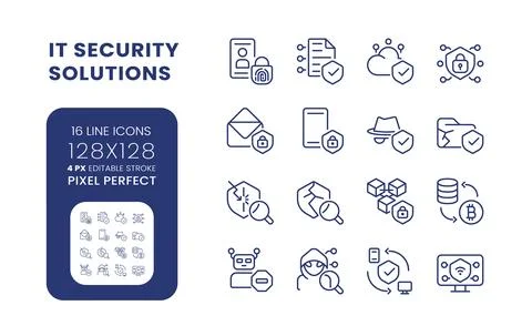 IT security solutions linear desktop icons set Stock Illustration