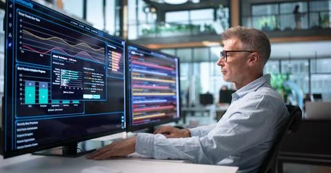 IT Security Specialist Carefully Analyzes Network Data To Prevent Cyber Threa Stock Photos