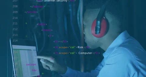 IT security specialist pointing at code column generating cybersecurity list Stock Footage 312230322