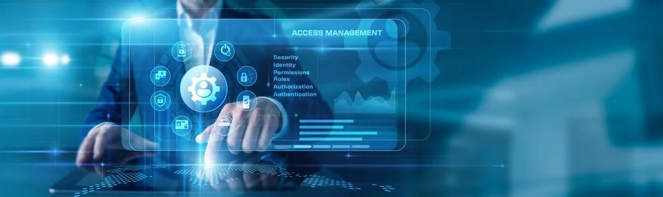 IT Security Specialist touching the tablet using Access Management, display.. Stock Photos