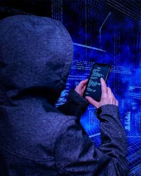 IT security specialist using smartphone in cyberspace Stock Photos