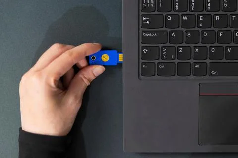 IT security technician using a USB flash drive beside a laptop in a tech office Stock Photos