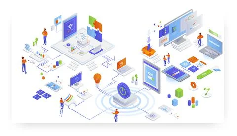 IT service delivery, cdn. Software program, app installation. Wireless network Ilustración de archivo