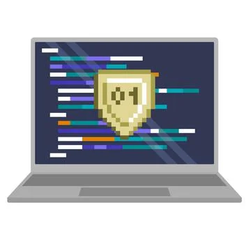 IT shield vector. Information technology defense. Cybersecurity laptop Stock Illustration