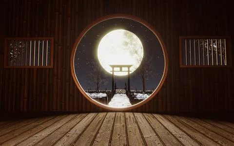 It snowed on a full moon night. Bright golden moon. bamboo hut Ancient Chin.. Stock Illustration