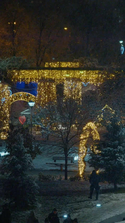 It is snowing over the park decorated with Christmas lights. Stock Footage 314783876