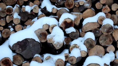 It is snowing, slowly covering the logs with a white cold blanket Stock Footage 101012986