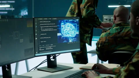IT software engineer collecting real time data from neural network AI brain Stock Footage 280149086