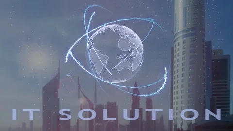 IT solution text with 3d hologram of the planet Earth against the backdrop of Stock Footage 98886298