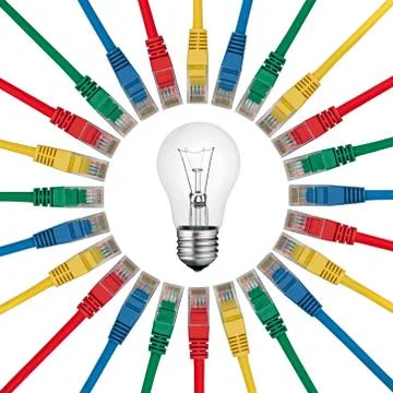 IT Solutions - Lightbulb in centre of colored network cables Stock Photos