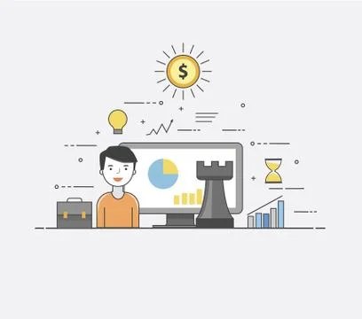 IT solutions. Smart technologies. Charts and diagrams. Happy user Stock Illustration