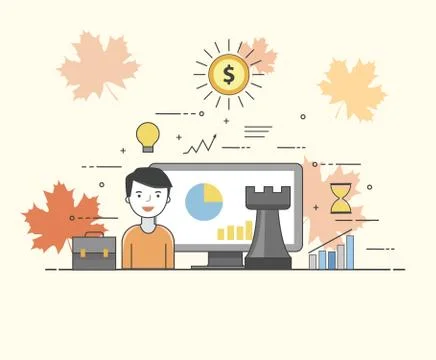 IT solutions. Smart technologies. Charts and diagrams. Happy user Stock Illustration