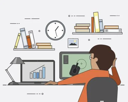 IT solutions. Work and game. Charts and diagrams. Profit. Happy user Stock Illustration