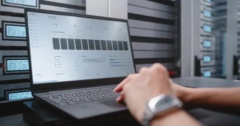 IT Specialist Analyzing Data Center Incident Dashboard and Server Performance Stock Footage 344966116