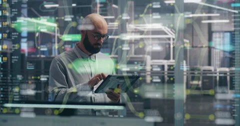 IT Specialist Analyzing Global Data Flows on Tablet with Advanced 3D VFX HUD Stock Footage 334002047