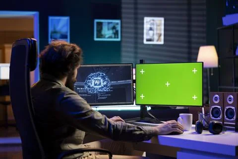 IT specialist in apartment uses programming to upgrade AI on mockup monitor 库存照片