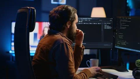 IT specialist brainstorming ways of solving database errors, working hard Stockfoto's