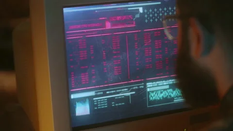 IT specialist coding on 90s computer, hacking process, breaching system Stock Footage 213990519