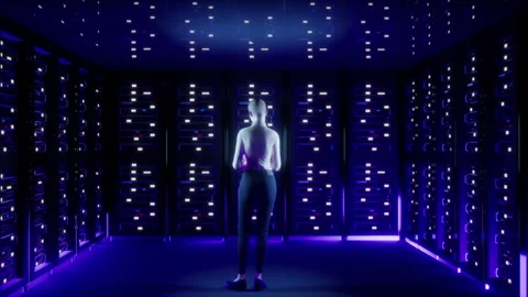 IT Specialist in Data Center. Big Server Farm Cloud Computing Facility with Male Stock Footage 246146751