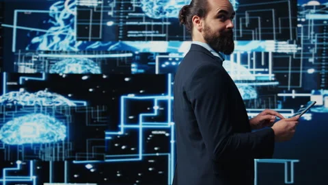 IT specialist interacting with digital AI neural networks for deep learning Stock Footage 311082324