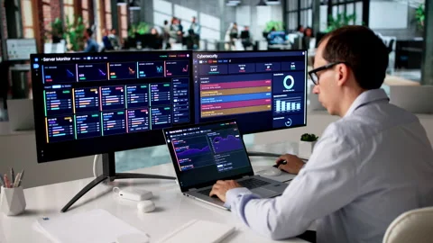 IT Specialist Monitors Real-time Network Performance Stock Footage 335879387