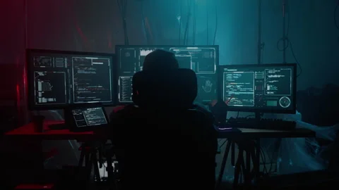 IT-specialist organizing massive virus attack using pc Stock Footage 257383483