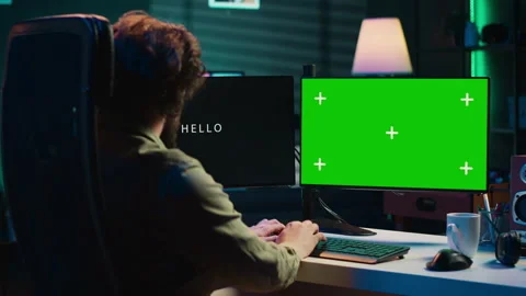 IT specialist programming sentient AI with mockup computer Stock Footage 266950479
