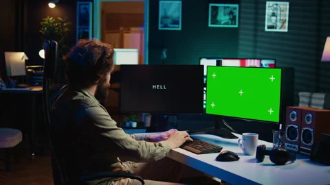 IT specialist programming sentient AI with mockup computer Stock Footage 266952774