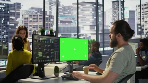IT specialist programming using chroma key computer Stock Footage 318228842