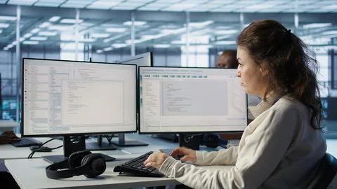 IT specialist in server farm ensuring valuable data remains shielded Stock Photos