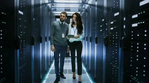 IT Specialist Showing Working Data Center with Rows of Rack Servers to His Fe Stock Photos