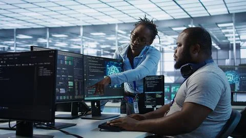 IT specialist talking with coworker while monitoring AI supercomputers Stock Photos