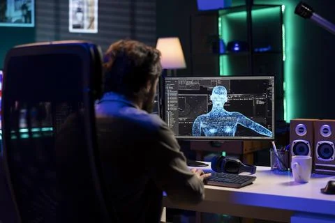 It specialist talking with self aware artificial intelligence transcending Stock Photos
