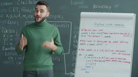 IT specialist teaching coding language during webinar pointing at flipchart and Stock Footage 204092952