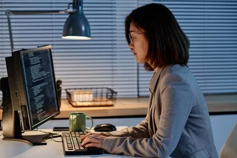 IT specialist typing codes for program Foto stock