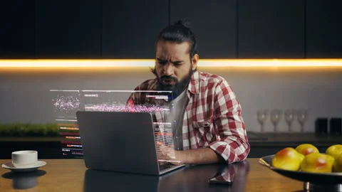 IT specialist unhappy with software error while working on holographic interface Stock Footage 329506554