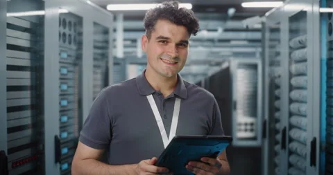 IT Specialist Using Digital Tablet in Data Center Server Room Stock Footage 344880840